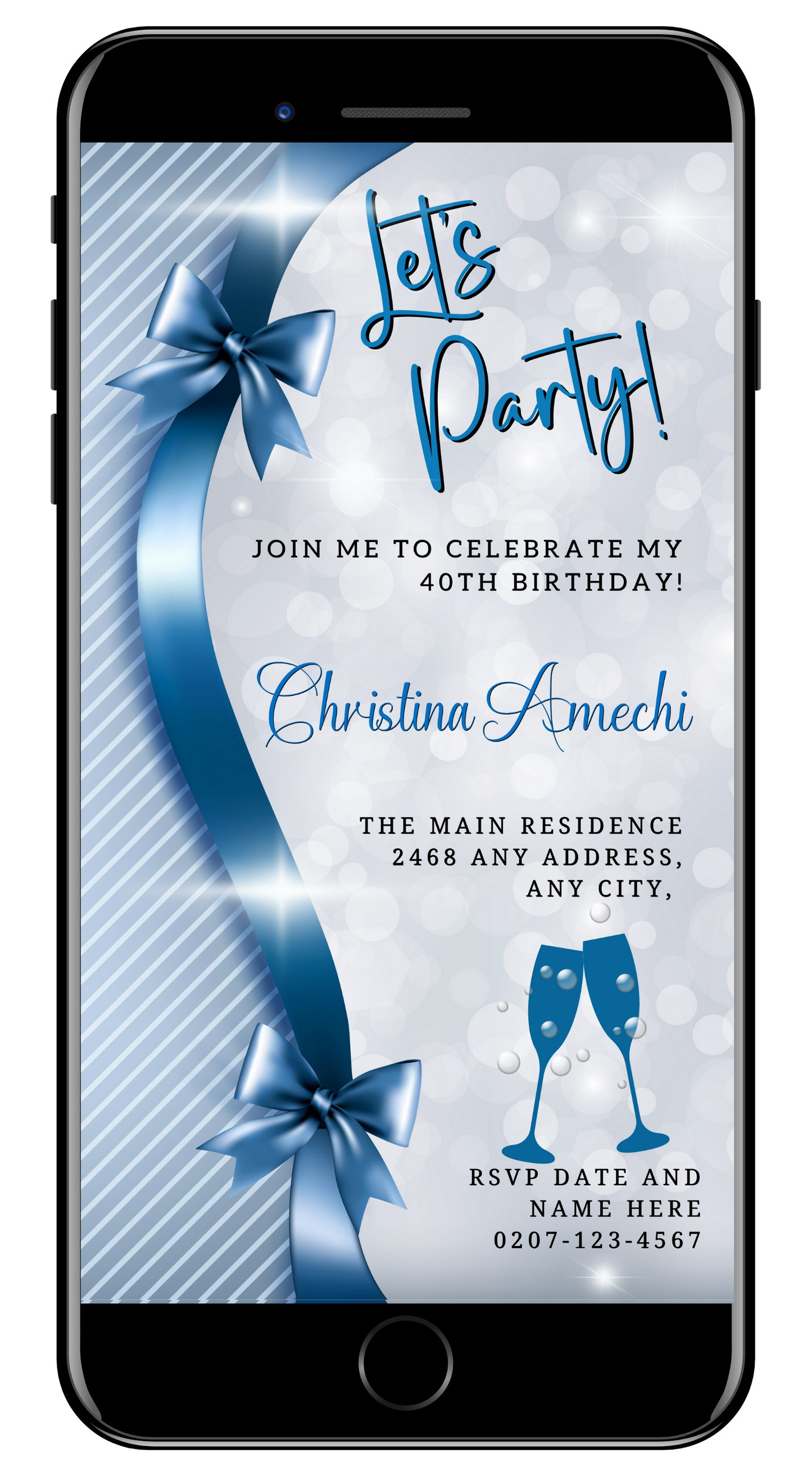 Editable Blue Silver Bow Sparkle Birthday Evite on a smartphone screen, featuring a blue bow and ribbon, customizable using Canva for digital invitations.