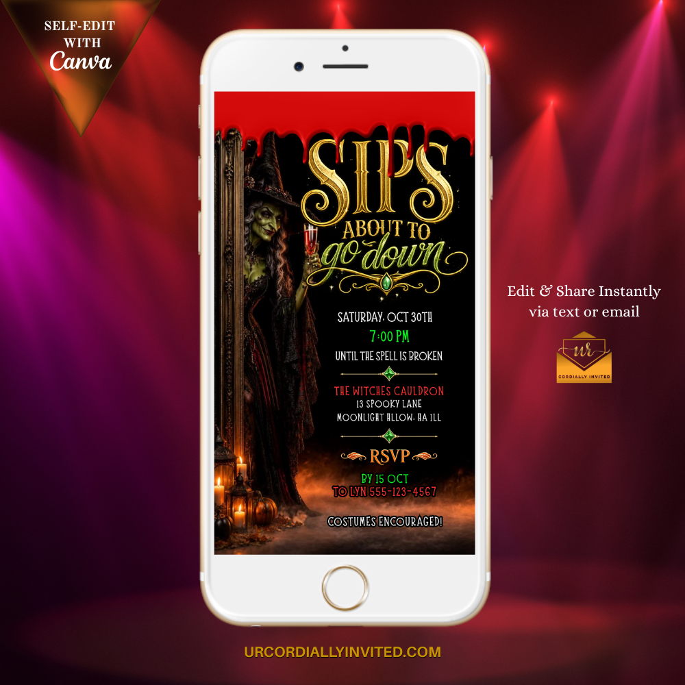 A white smartphone centered on a dark red and purple spotlight background, displaying a Halloween-themed invitation design with the text 'SIP'S ABOUT TO go down' in large gold lettering. Promotional text around the phone says 'SELF-EDIT WITH Canva' and 'Edit & Share Instantly via text or email,' with a small Canva logo visible.