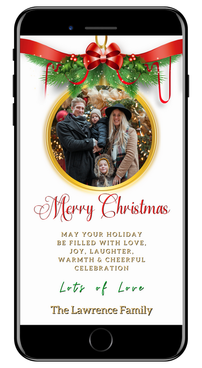 Smartphone displaying a customizable Merry Christmas ecard with a family photo and Christmas tree, designed for easy personalization via Canva.