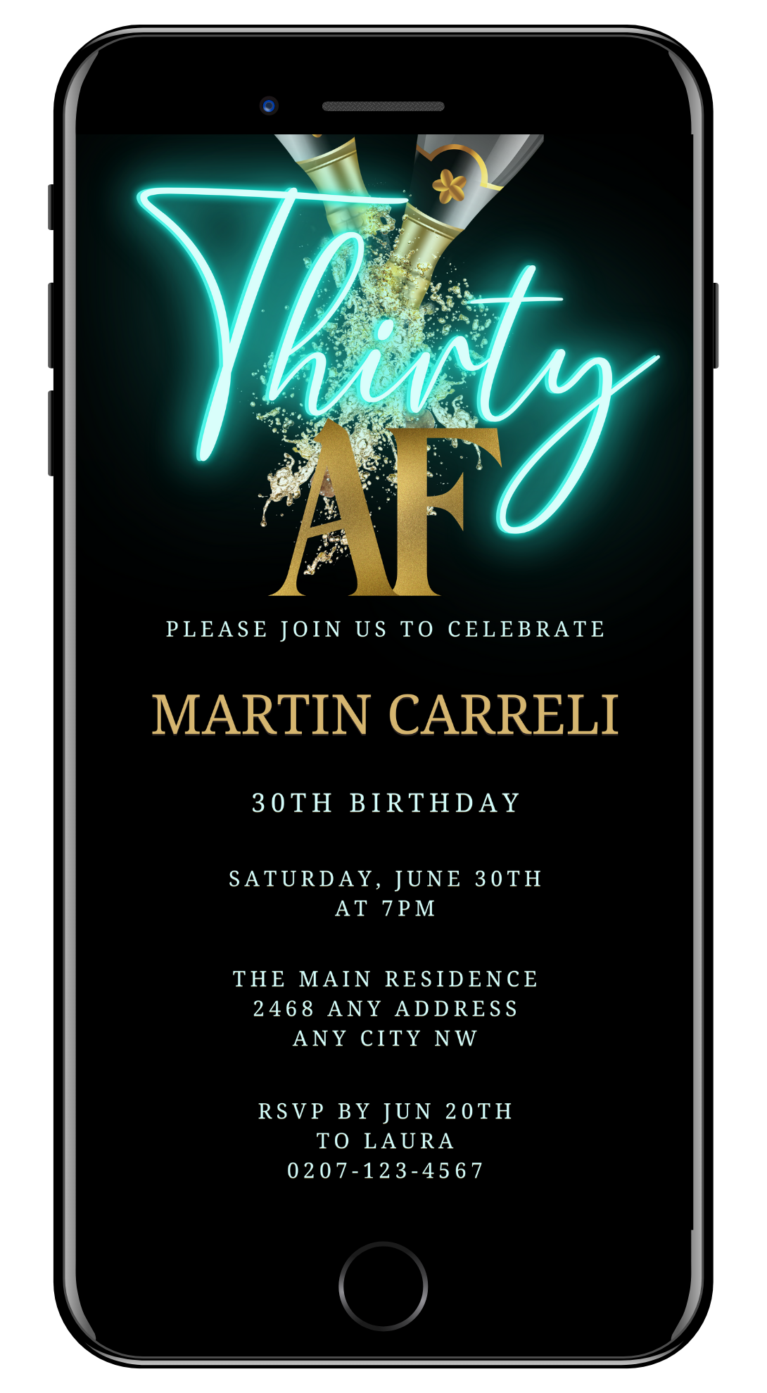 Birthday invitation screenshot showing a customizable Black Gold Champagne Neon Teal 30AF Party Evite template for editing and sharing via smartphone.