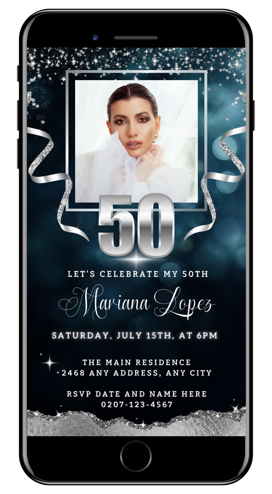 Customisable 50th Birthday Evite featuring a woman's face on a smartphone screen, with silver glitter accents and editable text in Canva.