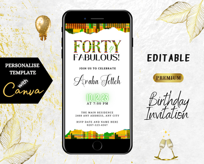 Cellphone displaying a customizable digital invitation template for a 40 & Fabulous party, editable via Canva for easy sharing through various messaging apps.
