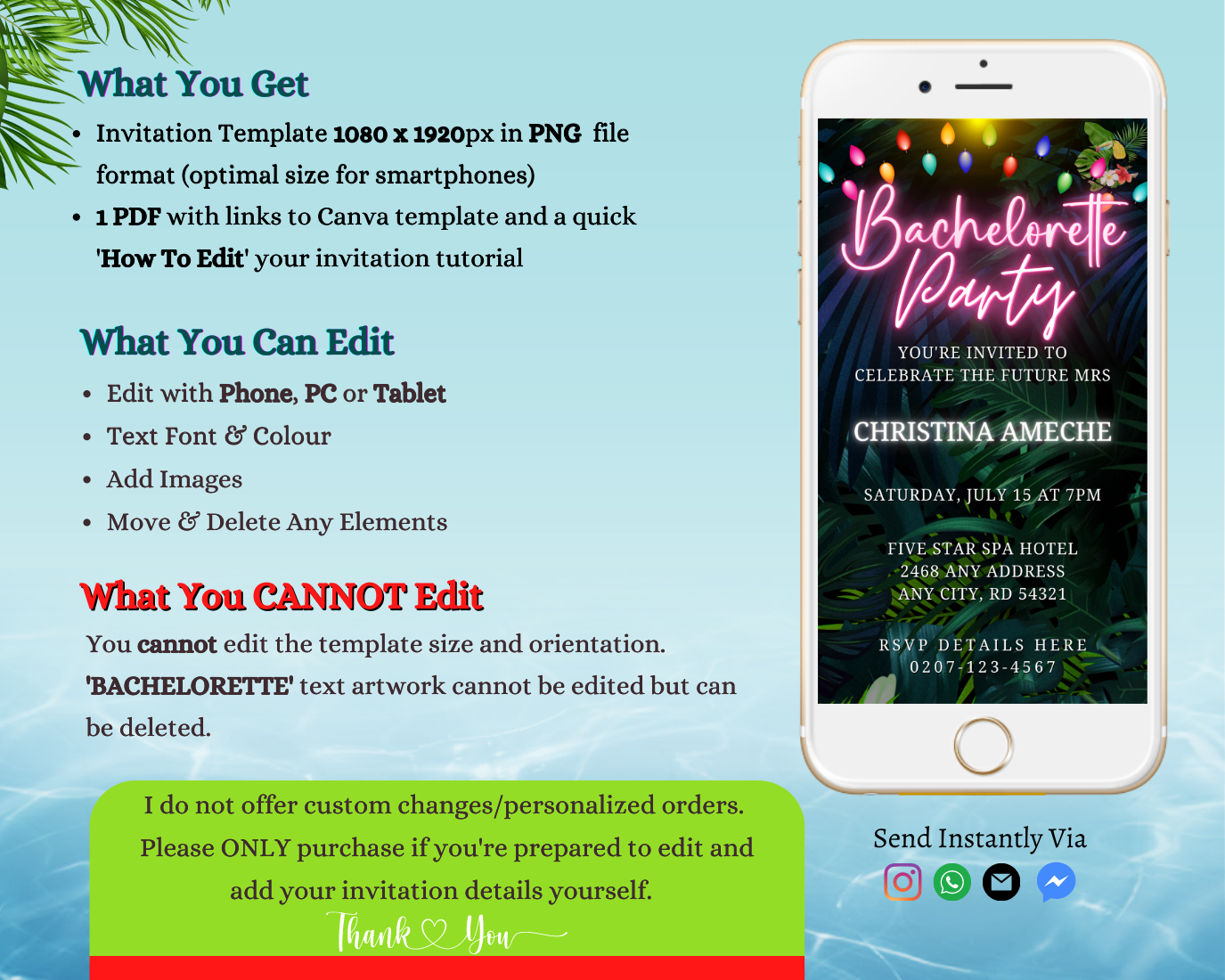 Customisable Digital Colourful Tropical Neon Pink Bachelorette Party Evite displayed on a smartphone screen with editable text using Canva.