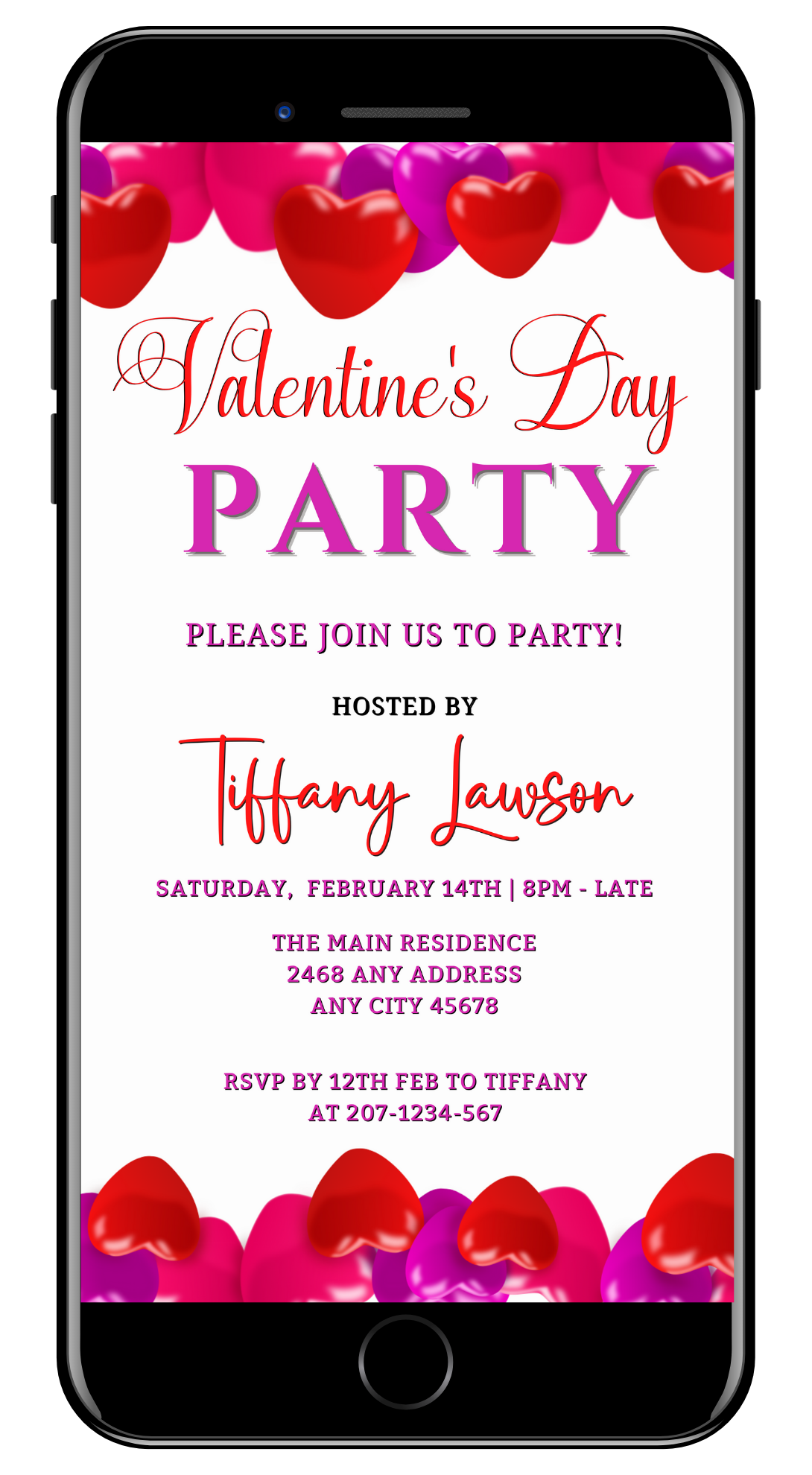 Editable Digital Pink Red Hearts Valentine's Party Evite displayed on a smartphone with a white and pink invitation card.