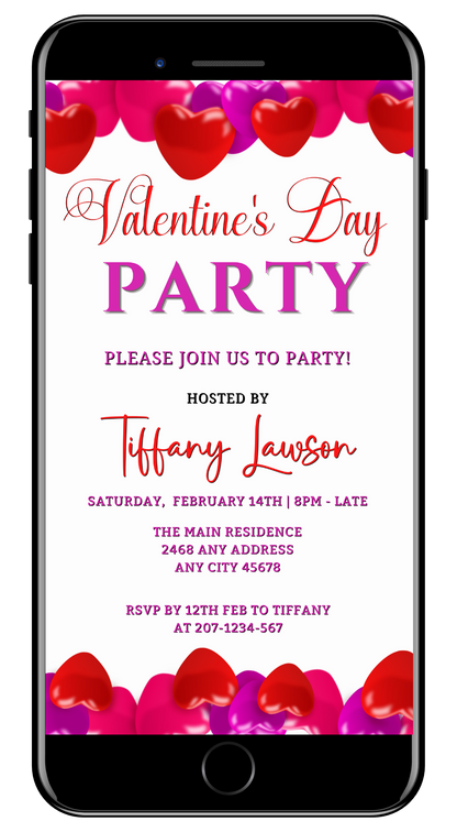 Editable Digital Pink Red Hearts Valentine's Party Evite displayed on a smartphone with a white and pink invitation card.