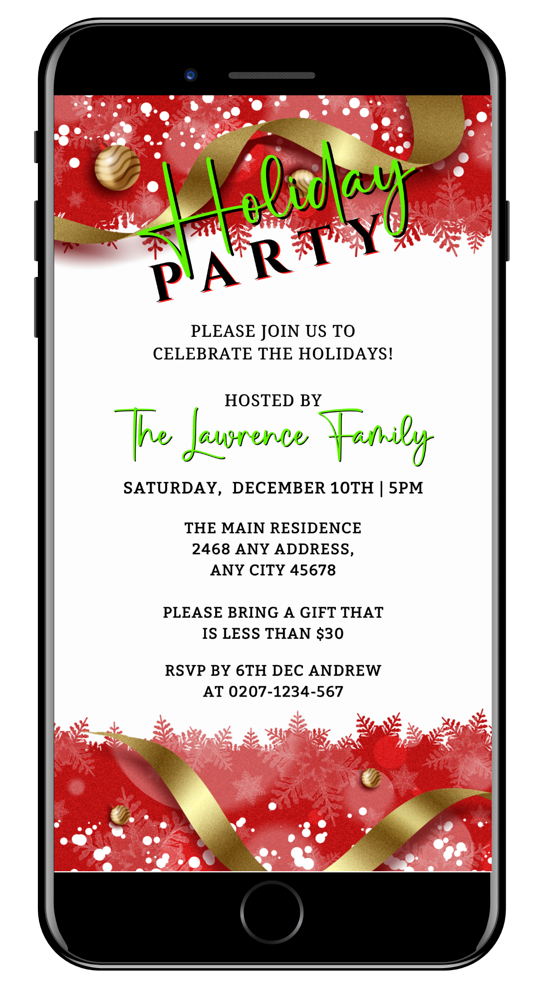 Red White Gold Ornament | Holiday Party Evite displayed on a smartphone screen with customizable text and festive design elements, ideal for digital invitations.
