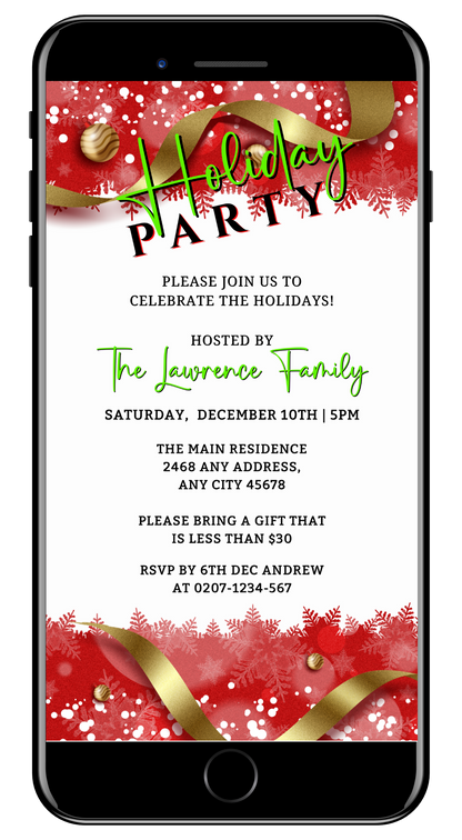 Red White Gold Ornament | Holiday Party Evite displayed on a smartphone screen with customizable text and festive design elements, ideal for digital invitations.