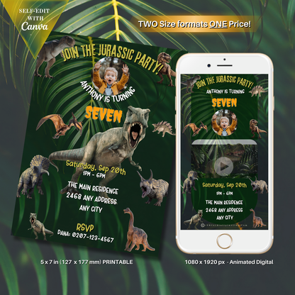 Dinosaur Birthday Video Invitation - Jurassic Theme features animated dinosaurs and jungle visuals on a phone screen, ideal for a child's birthday party invitation.