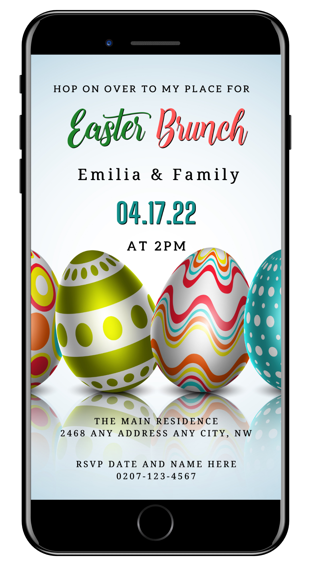 Editable Digital Colourful Easter Eggs | Easter Brunch Party Evite displayed on a smartphone screen, showcasing vibrant egg designs for customizing an Easter event invitation.