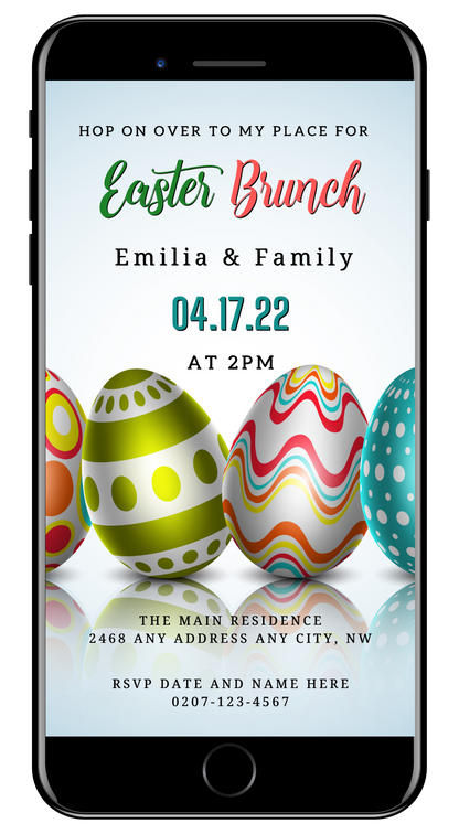 Editable Digital Colourful Easter Eggs | Easter Brunch Party Evite displayed on a smartphone screen, showcasing vibrant egg designs for customizing an Easter event invitation.