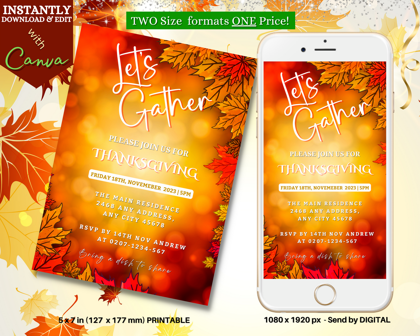 Let's Gather Orange Leaves Bokeh | Thanksgiving Dinner Evite shown on a smartphone, showcasing editable text and design elements.