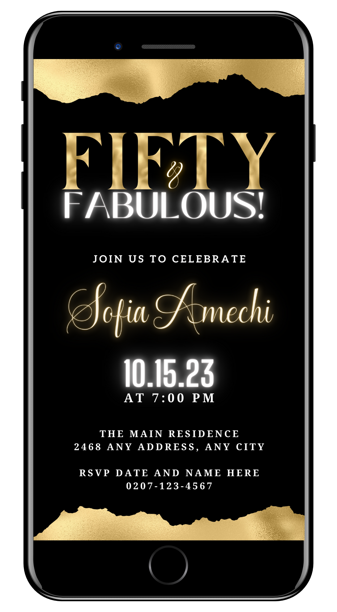 Digital Black Gold White Neon | Fifty & Fabulous Party Evite featuring customizable text, elegant black and gold design, and editable via Canva. Ideal for electronic invitations.