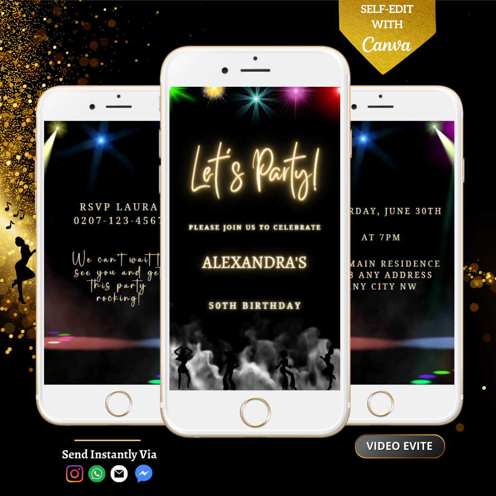 Group of smartphones displaying a customizable digital Colourful Smoking Disco birthday party video invitation template from URCordiallyInvited, editable via Canva for easy personalization and electronic sharing.