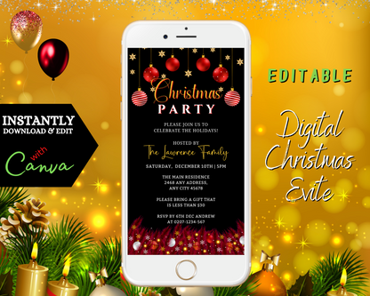 Smartphone displaying a customizable digital Christmas Party invitation with red, black, and gold ornament design from URCordiallyInvited.