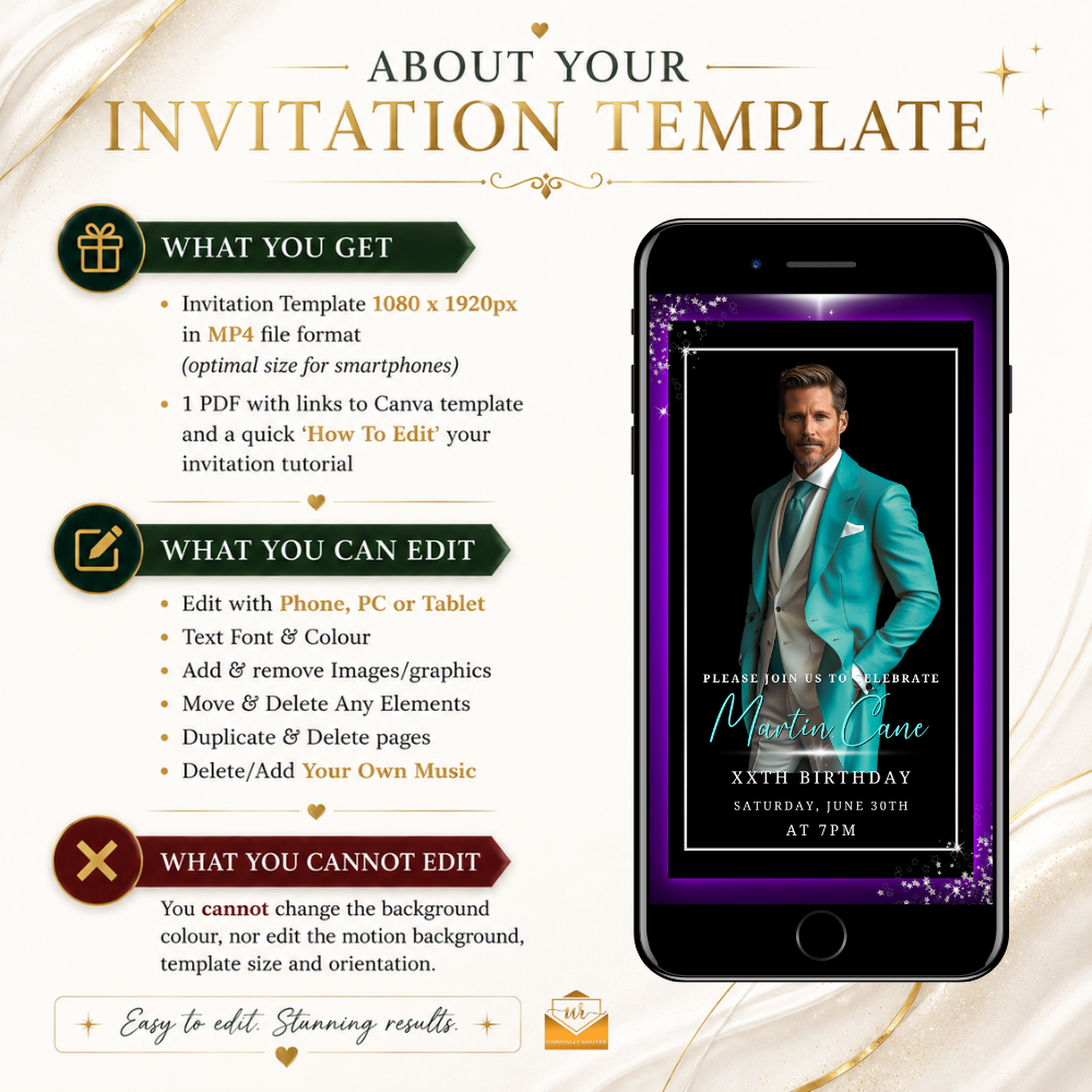 Silver Black Purple Neon Men’s Animated Birthday Invitation Suite