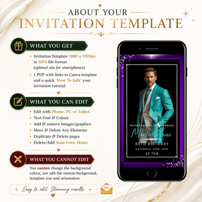 Silver Black Purple Neon Men’s Animated Birthday Invitation Suite