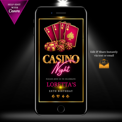 Casino Night Fuchsia Pink & Gold Animated Invitation Suite