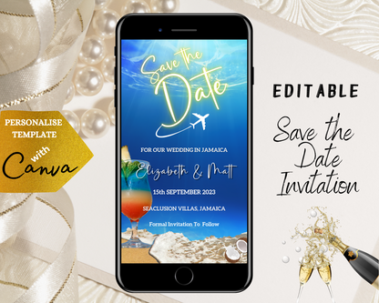 Editable Digital Blue Ocean Beach Destination Save The Date Wedding Evite displayed on a smartphone screen, featuring a beach scene and champagne bottle for customization via Canva.