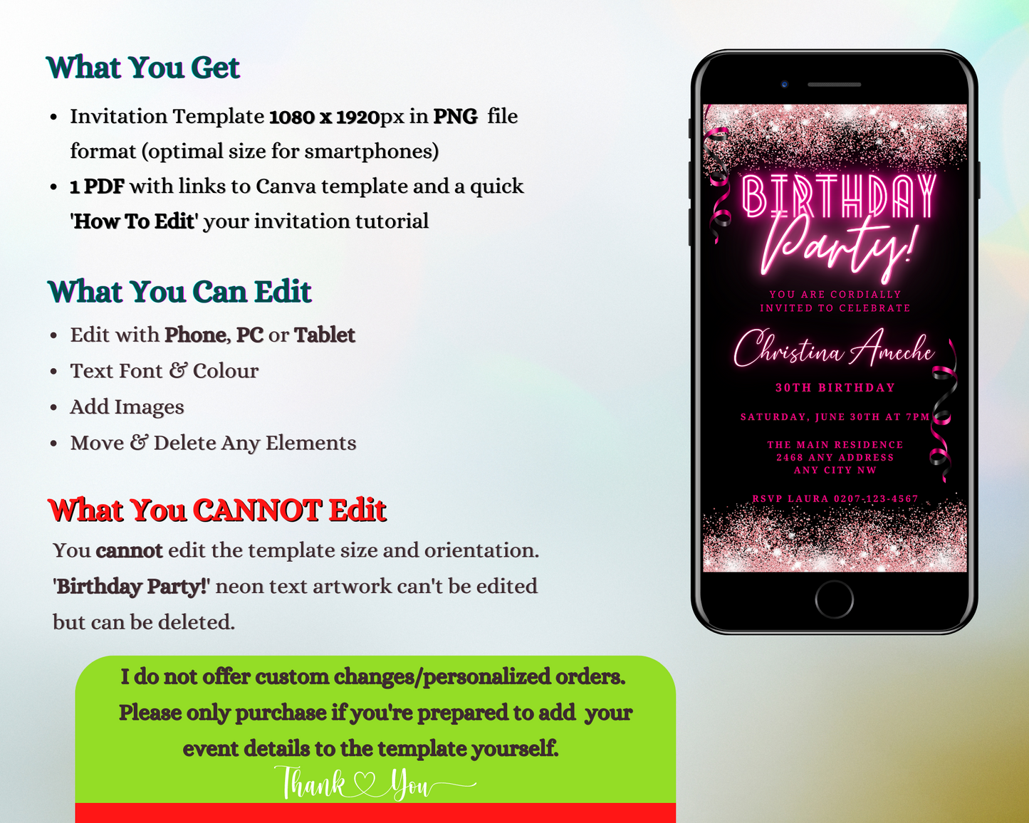 Customizable digital birthday party invitation with neon pink glitter ribbons displayed on a smartphone screen, editable via Canva for easy personalization and electronic sharing.