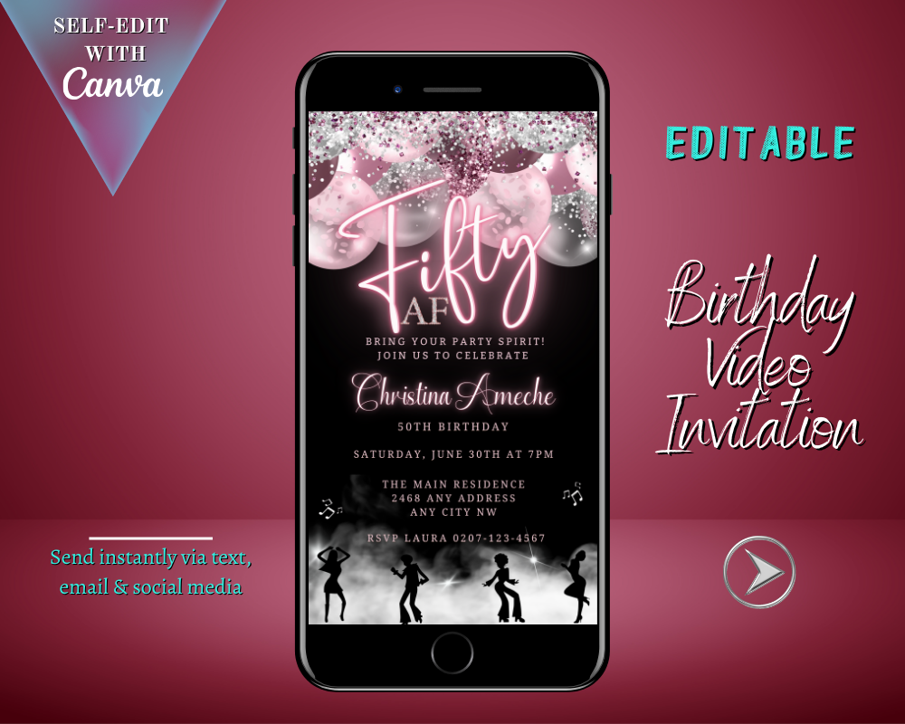 Customizable Digital Mauve Pink Silver Neon 50AF Birthday Video Evite displayed on a smartphone screen, showcasing editable text and design elements for a personalized invitation.