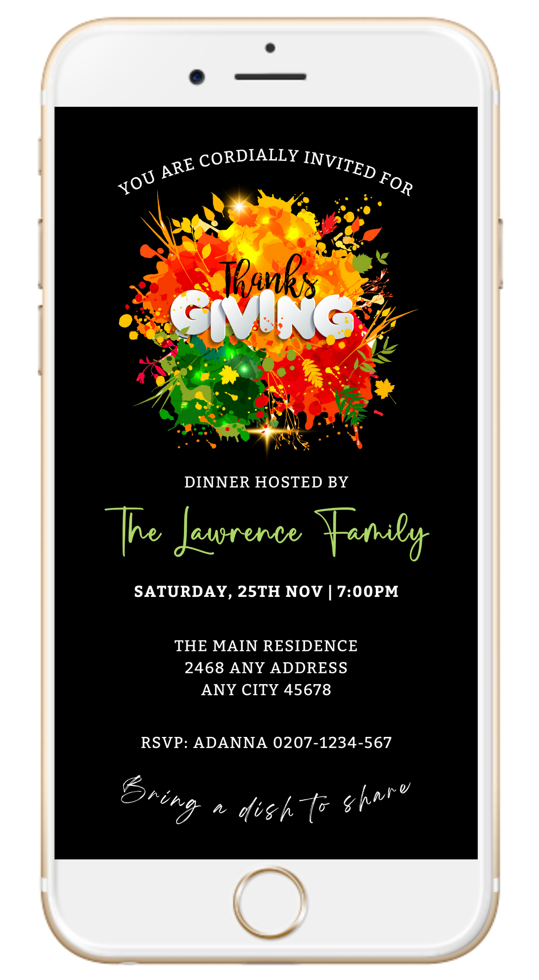 Phone screen displaying Colourful Neon Floral Black | Thanksgiving Dinner Evite template with colorful splashes and editable text for digital invitations via Canva.