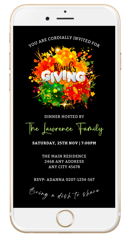 Phone screen displaying Colourful Neon Floral Black | Thanksgiving Dinner Evite template with colorful splashes and editable text for digital invitations via Canva.