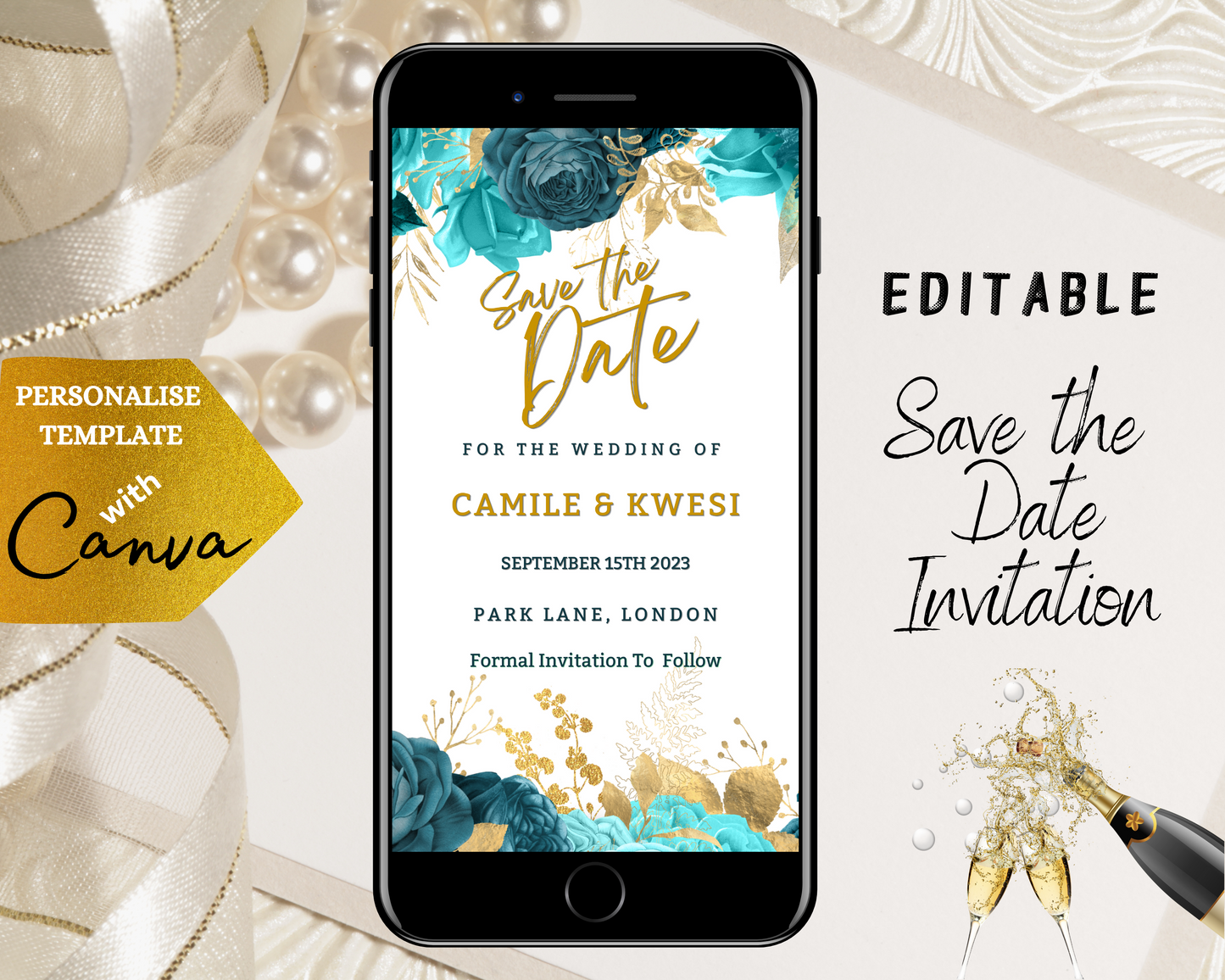 Teal Blue Gold Leaf Boho Save The Date Wedding Evite on a smartphone screen with floral design, editable via Canva for digital sharing.