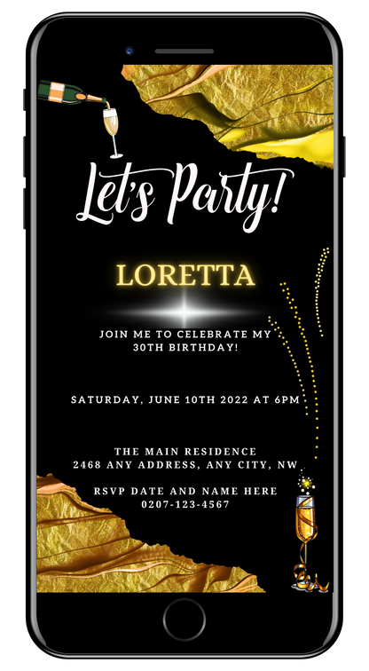 Gold Black Ankara customisable digital party invitation, editable with Canva for smartphones, featuring personalized text options and elegant design elements.