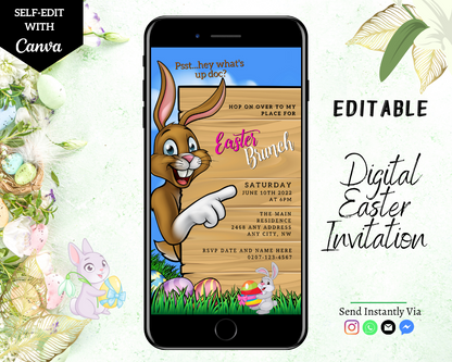 Brown Easter Bunny & Friends Easter Brunch Barbeque Evite displayed on a smartphone screen, featuring a cartoon bunny pointing at a wooden sign with editable event details.