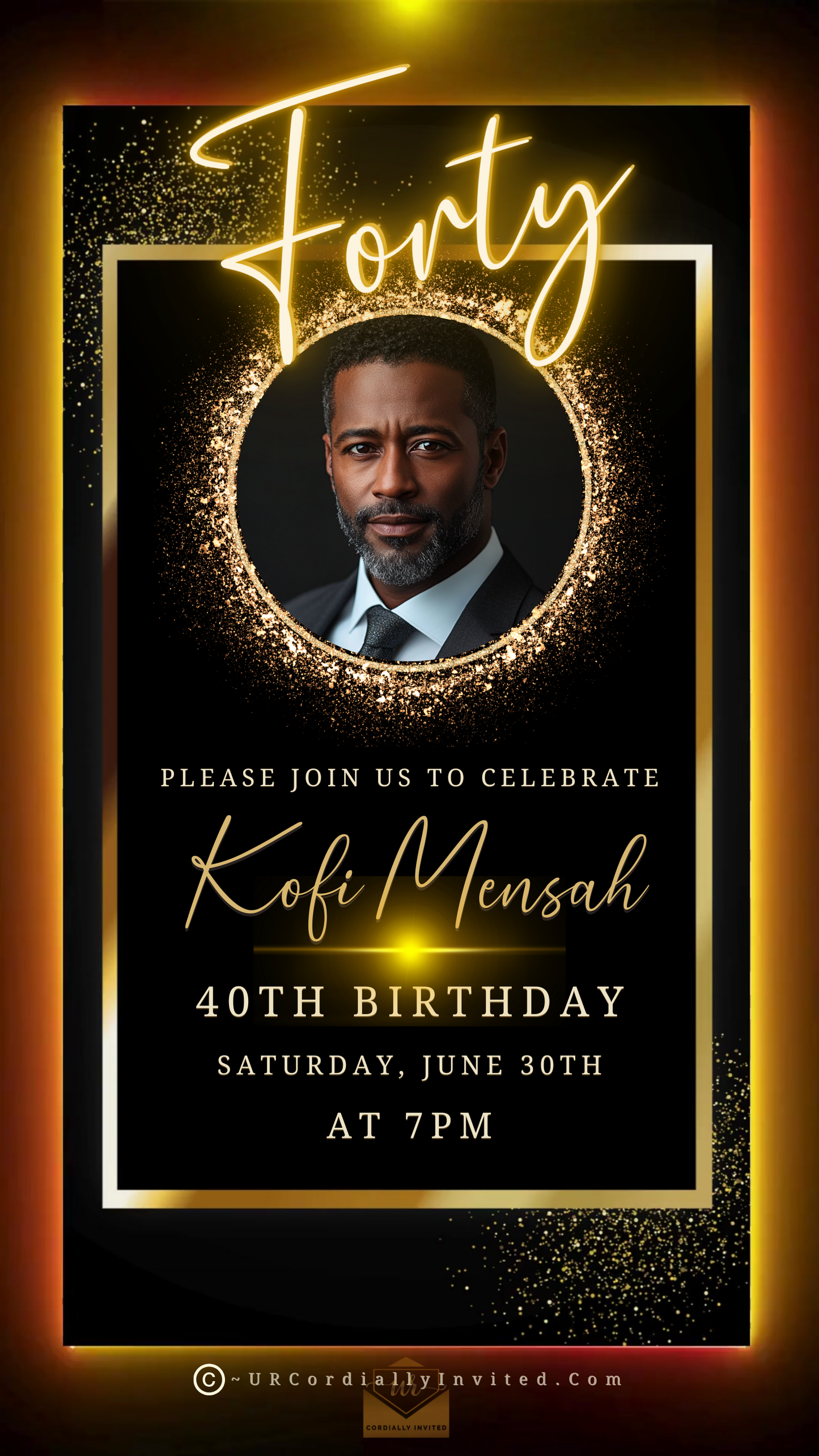 Elegant Animated Men’s 40th Birthday Video Invitation featuring a customizable Digital Neon Gold Oval Photo Frame, editable via Canva for smartphone sharing.