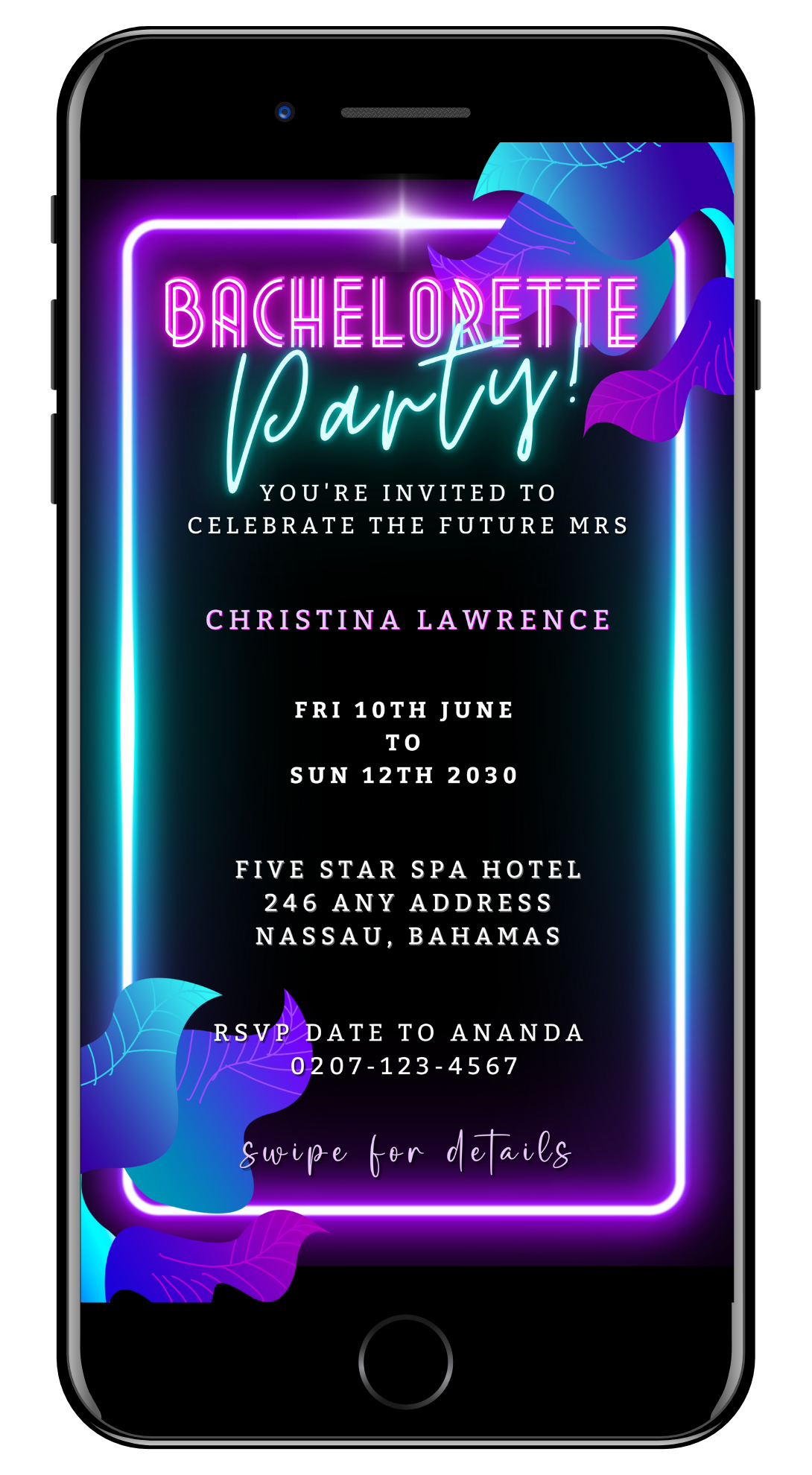 Phone screen displaying a customisable digital neon pink and aqua bachelorette getaway party evite template with editable text and graphics.