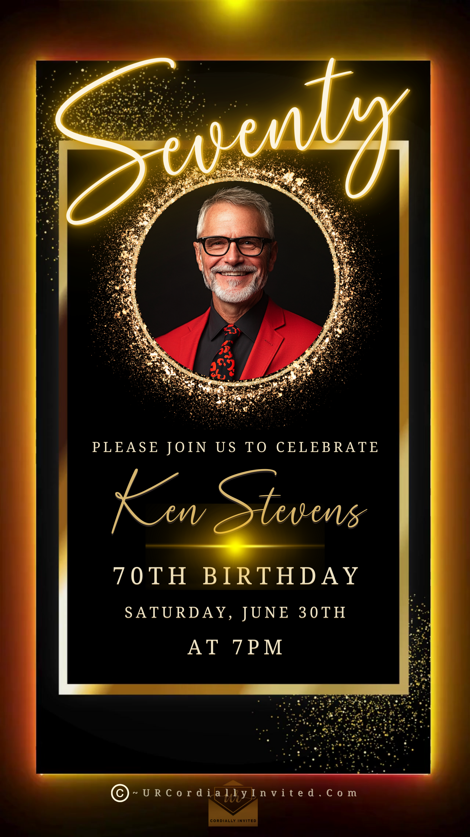 Man in a red suit, smiling, featured in a 60th Birthday Video Invitation with a gold oval photo frame and sleek neon accents.