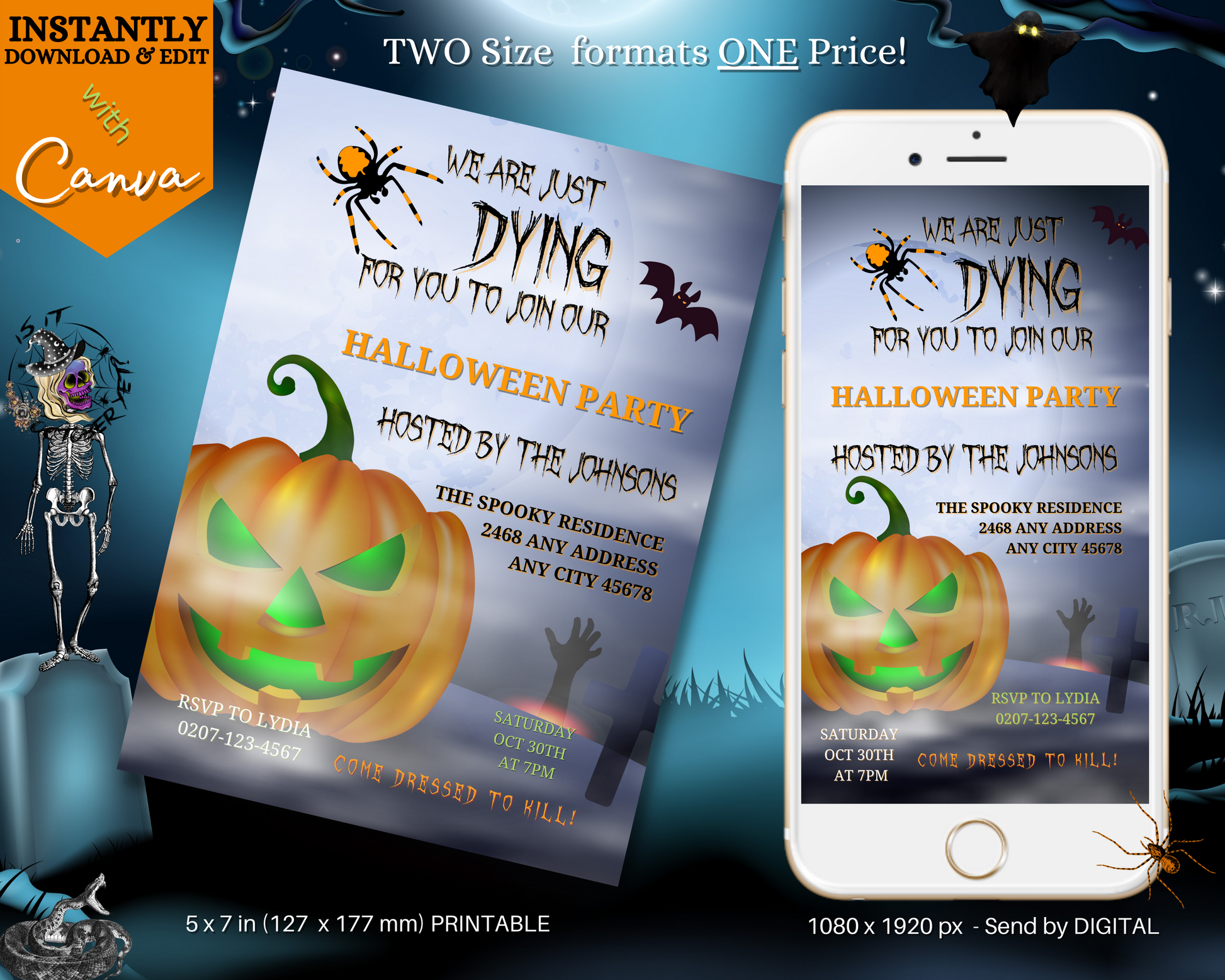 Flying Witch Neon Green Pumpkin | Halloween Evite displayed on a mobile phone screen, showcasing a personalized Halloween invitation with a pumpkin and text.