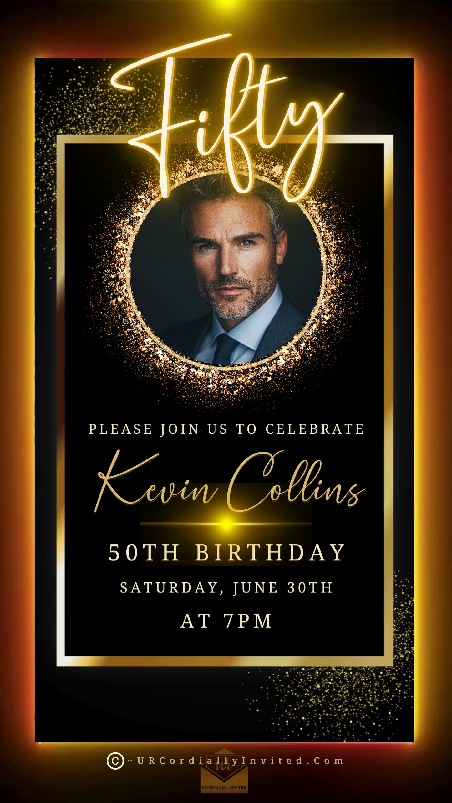 Man in suit wearing gold crown, featured in Black & Gold 50th Birthday Video Invitation with elegant oval gold photo frame and sleek neon border.