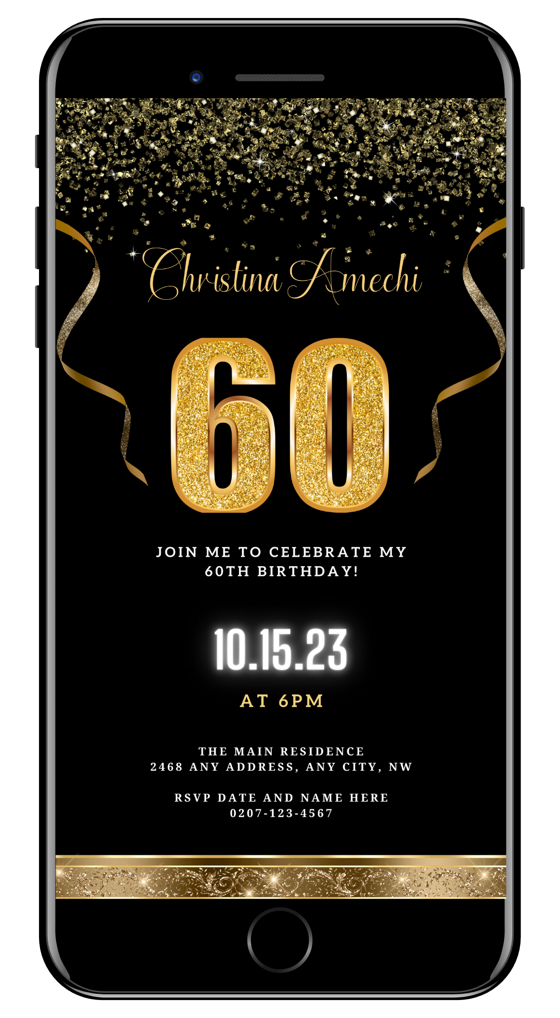 Black Gold Confetti 60th Birthday Evite featuring customizable gold text and confetti on a black background, optimized for smartphone use with Canva.