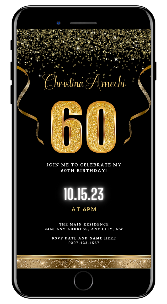 Black Gold Confetti 60th Birthday Evite featuring customizable gold text and confetti on a black background, optimized for smartphone use with Canva.