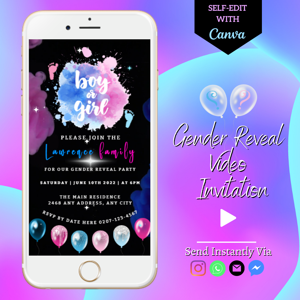 Customizable Dark Pink Blue Feet Cloud Gender Reveal Party Video Invitation displayed on a white smartphone screen. Ideal for editing via Canva and sharing digitally.