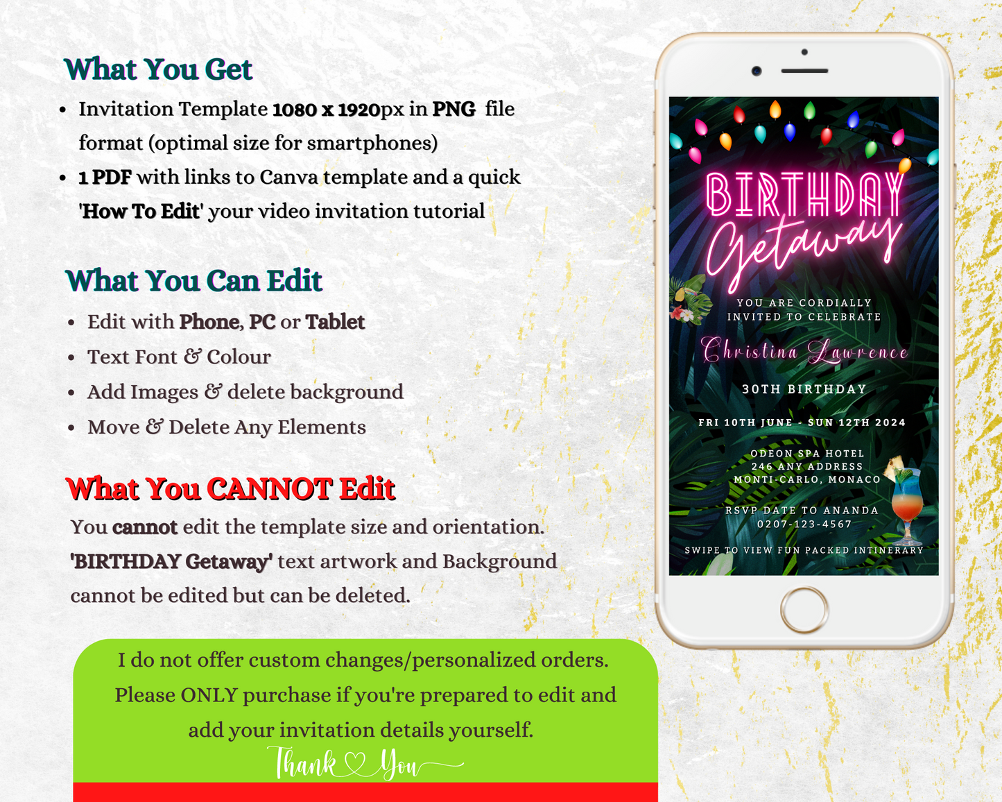 Customizable Tropical Destination Neon Pink Birthday Getaway Evite on a white smartphone screen, featuring a vibrant pink and purple neon sign.