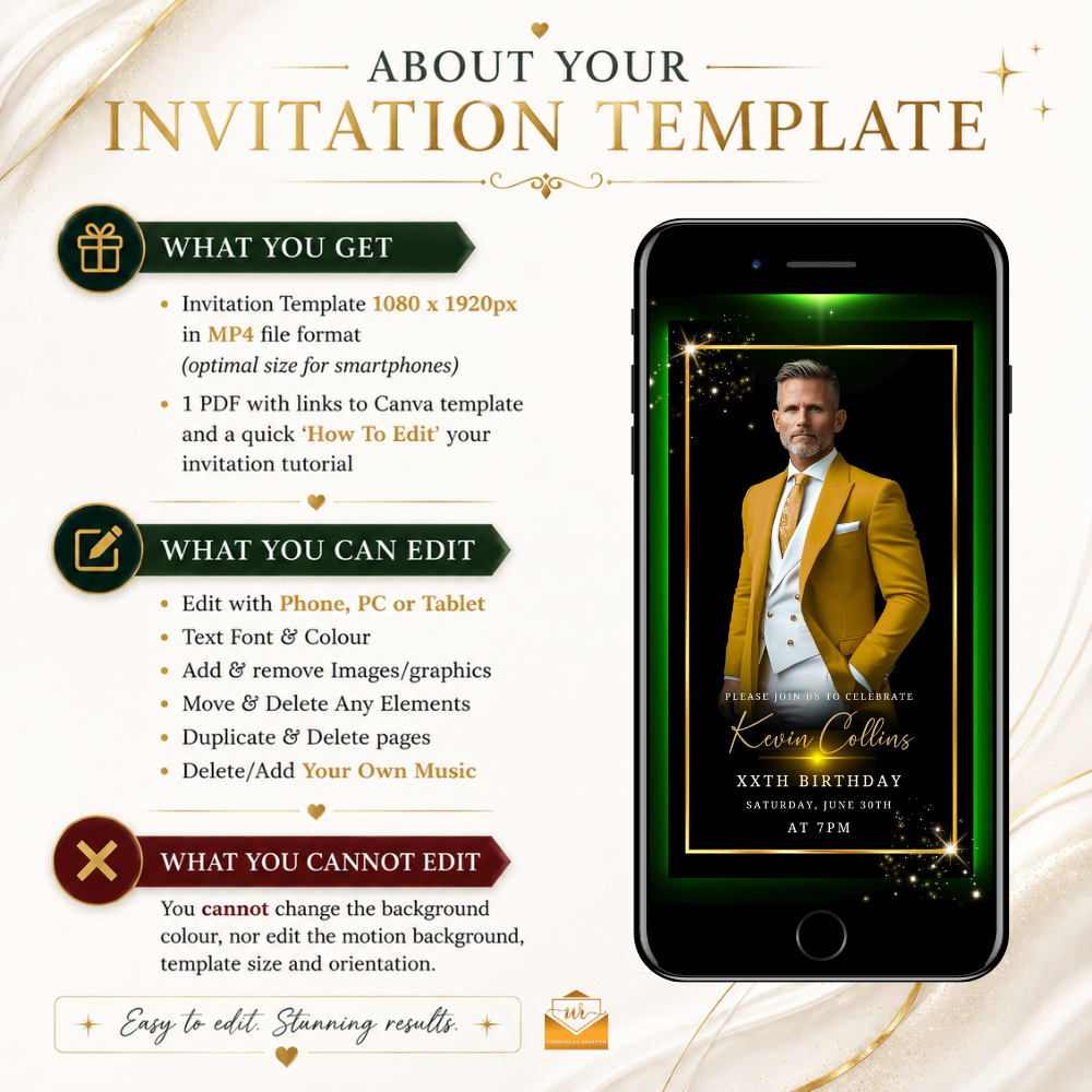 Gold Black Green Luxury Men’s Animated Birthday Invitation Suite
