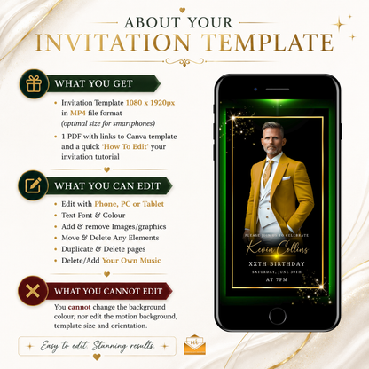 Gold Black Green Luxury Men’s Animated Birthday Invitation Suite
