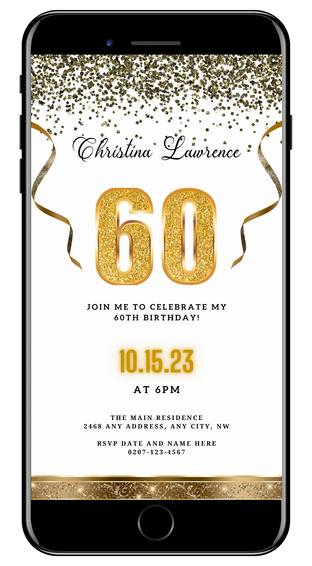 Customizable White Gold Confetti 60th Birthday Evite displayed on a smartphone screen with gold text and decorative ribbons.