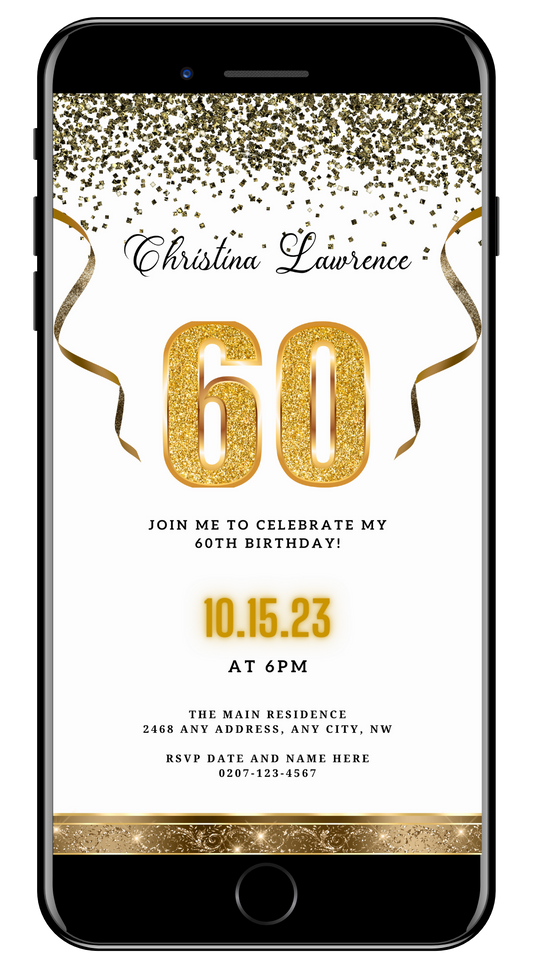 Customizable White Gold Confetti 60th Birthday Evite displayed on a smartphone screen with gold text and decorative ribbons.