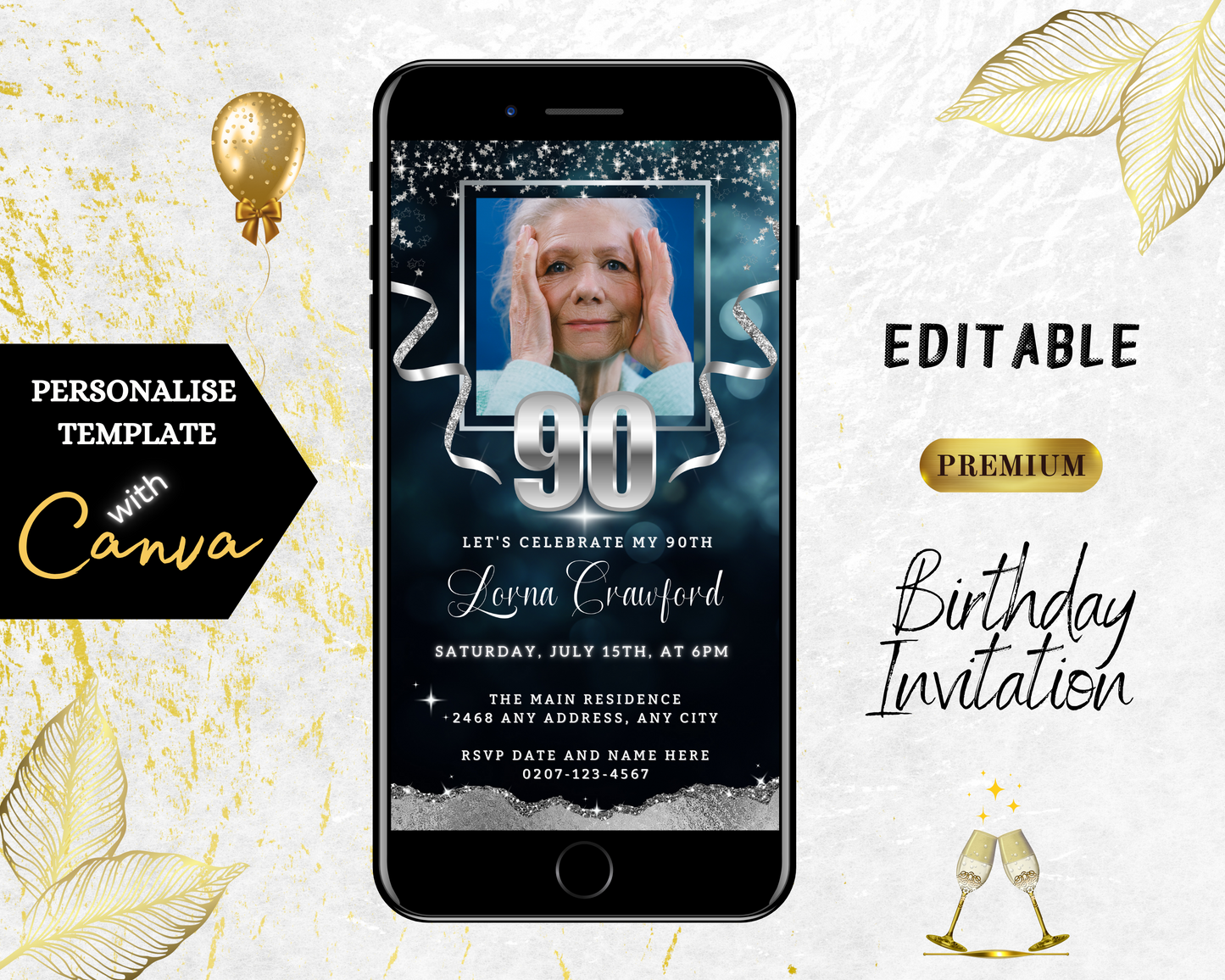 Navy Blue Silver Glitter 90th Birthday Evite on a smartphone screen showing a woman’s photo, customizable via Canva for digital sharing.