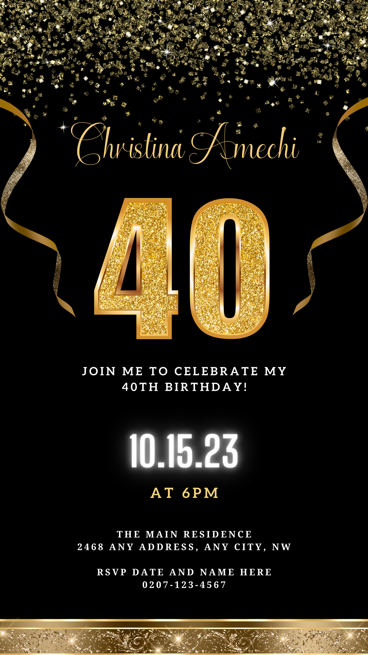 Black Gold Confetti | 40th Birthday Evite with customizable text, gold ribbons, and confetti, perfect for digital invitations via smartphone using Canva.