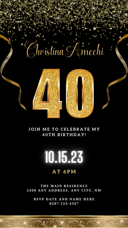 Black Gold Confetti | 40th Birthday Evite with customizable text, gold ribbons, and confetti, perfect for digital invitations via smartphone using Canva.