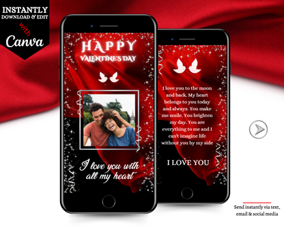 Smartphones displaying customizable digital Valentine's Ecard with red flowing fabric background, featuring editable text and images of a smiling couple.