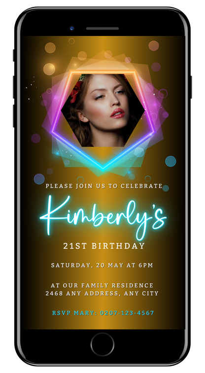 A customizable digital birthday party evite featuring a woman's face on a smartphone screen, designed for easy personalization and sharing via Canva.