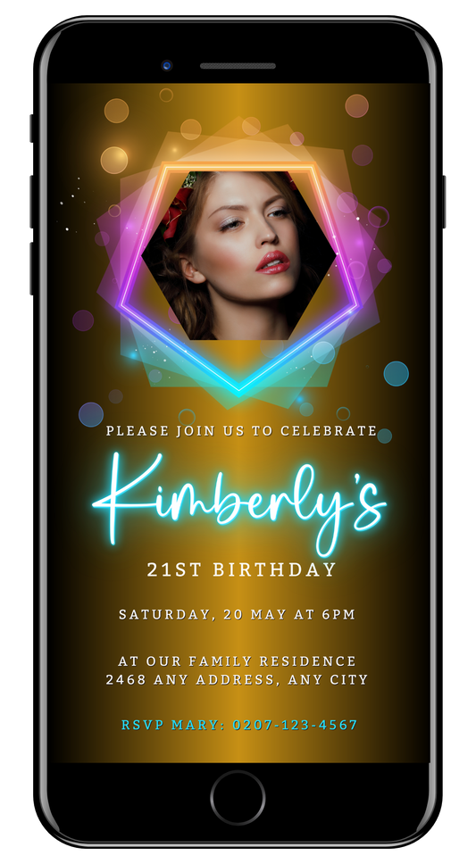 A customizable digital birthday party evite featuring a woman's face on a smartphone screen, designed for easy personalization and sharing via Canva.