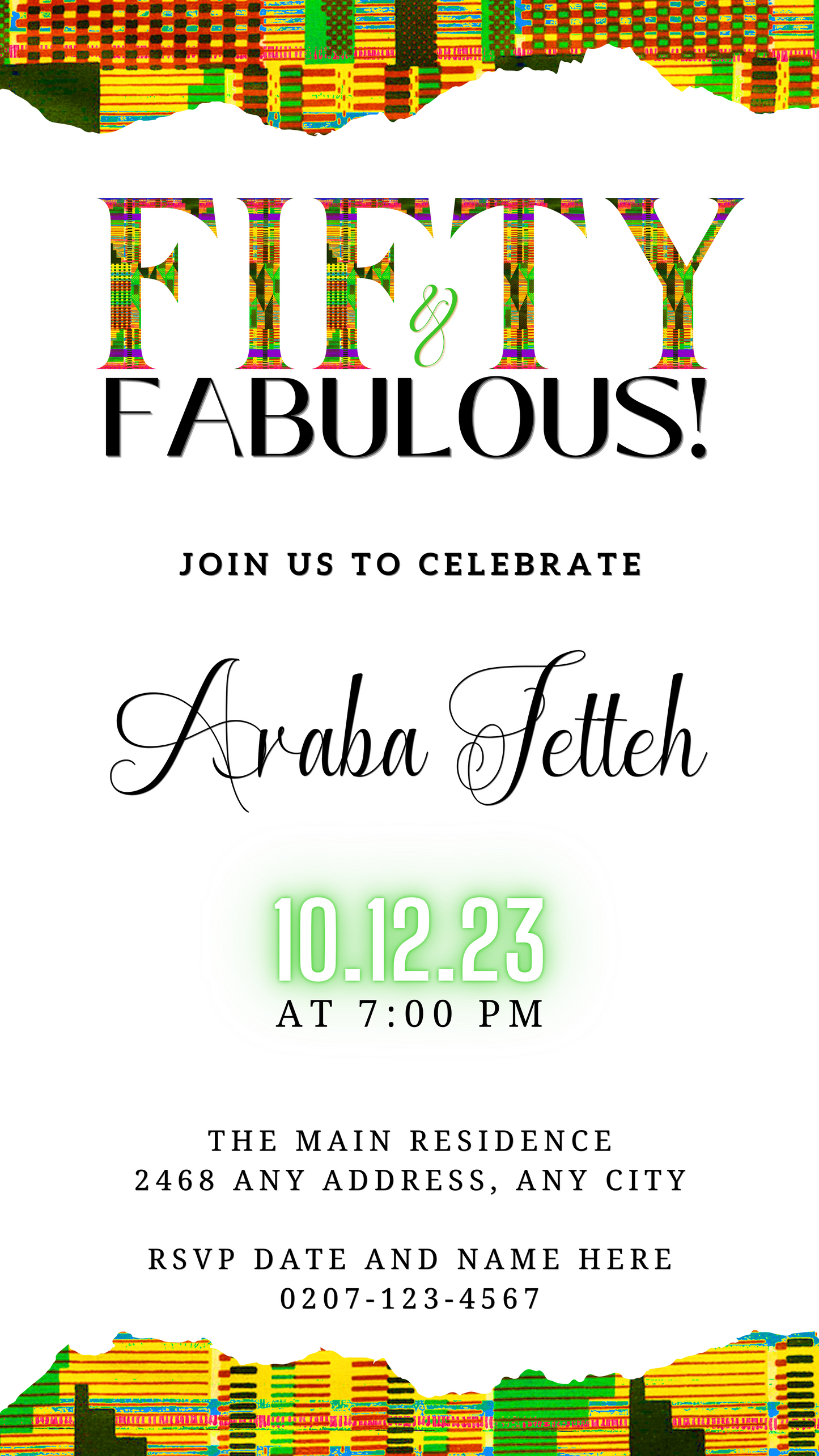 Green Yellow Kente White | 50 & Fabulous Party Evite customizable digital invitation with colorful text, editable via Canva, perfect for electronic sharing.