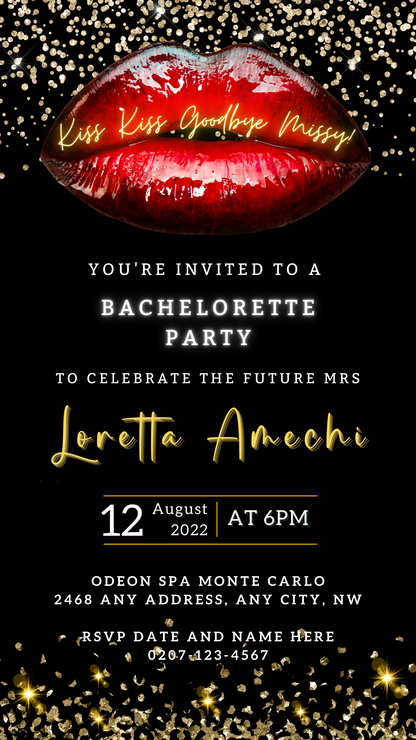 Customizable black and gold invitation featuring red lips, titled Hot Red Lips Gold Glitter | Bachelorette Party Evite, for digital download and personalization via Canva.
